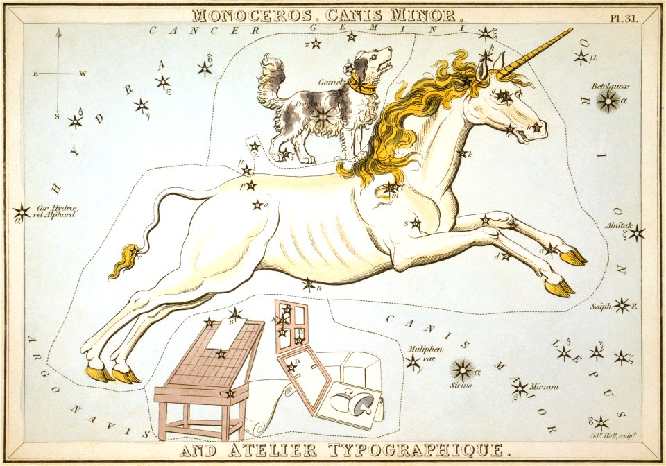 Sidney Hall - Urania's Mirror - Monoceros, Canis Minor, and Atelier Typographique
