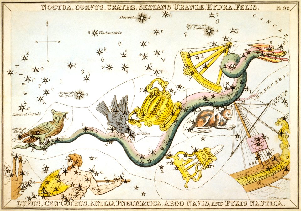 Sidney Hall - Urania's Mirror - Noctua, Corvus, Crater, Sextans Uraniæ, Hydra, Felis, Lupus, Centaurus, Antlia Pneumatica, Argo Navis, and Pyxis Nautica