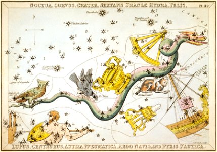 Sidney Hall - Urania's Mirror - Noctua, Corvus, Crater, Sextans Uraniæ, Hydra, Felis, Lupus, Centaurus, Antlia Pneumatica, Argo Navis, and Pyxis Nautica
