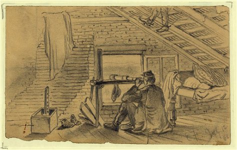 Signal officers, in attic of farm house, watching the army of General Lee near Williamsport, Maryland LCCN2004661932