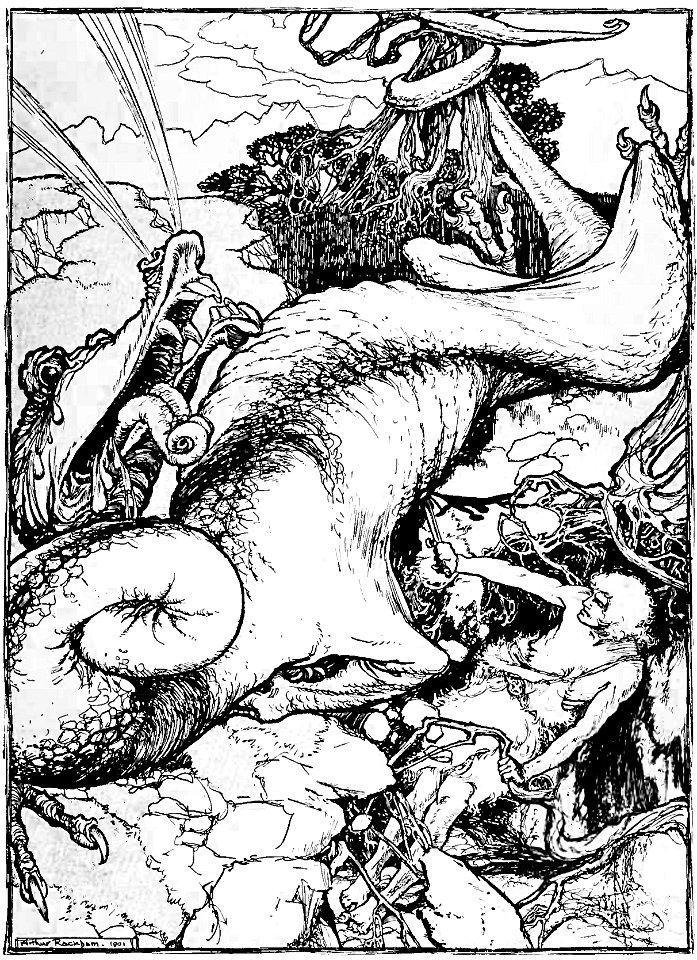 Sigurd pierced him with his sword (1901) by Arthur Rackham