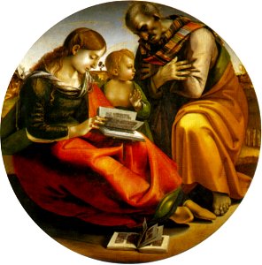 Signorelli, sacra famiglia di parte guelfa, uffizi, diam. 124 cm. Free illustration for personal and commercial use.