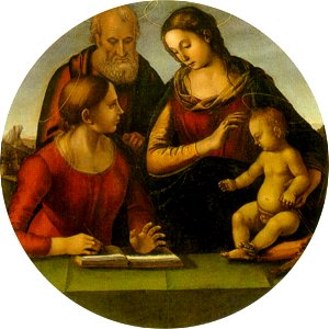 Signorelli, sacra famiglia con una santa, palatina, diam. 99 cm