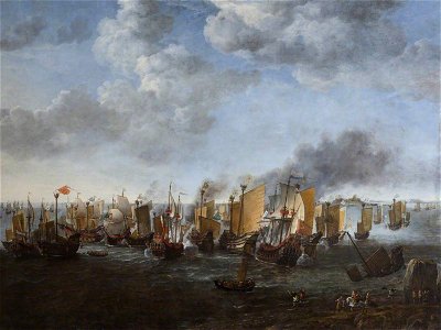 Simon de Vlieger (1601-1653) - A Battle between Dutch Ships (the 'Texel', 'Domburch' and 'Arnemude') and Chinese Junks - 1401166 - National Trust. Free illustration for personal and commercial use.