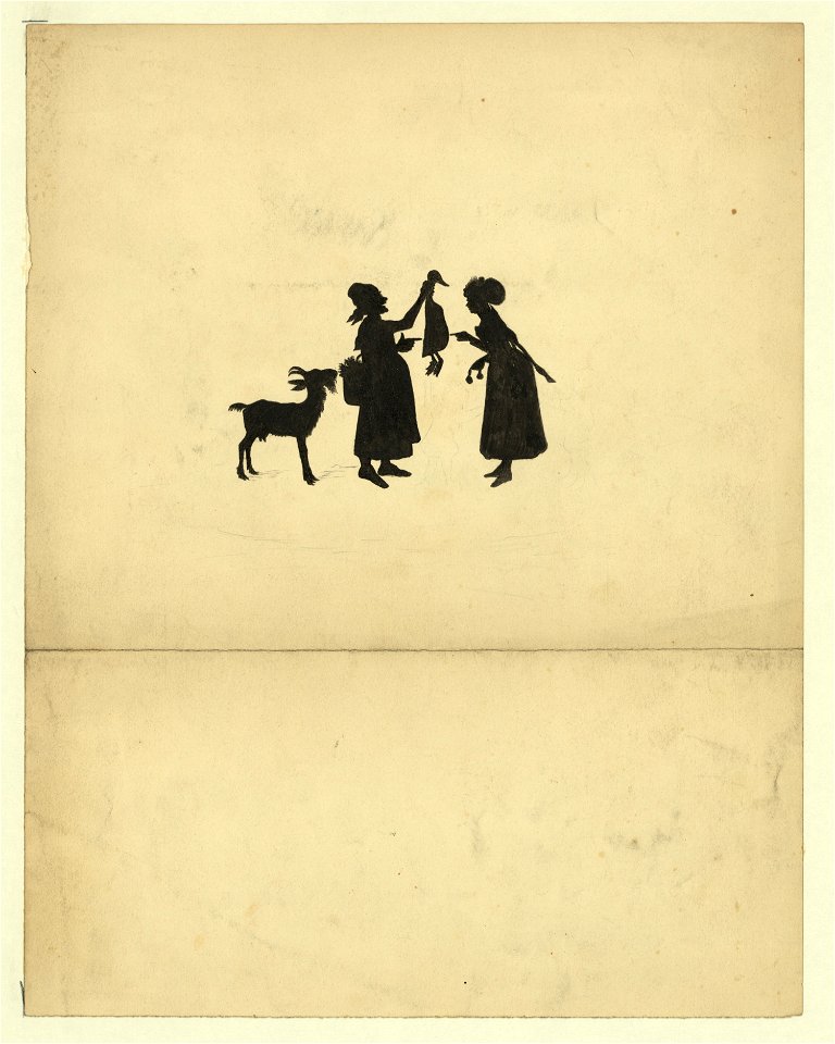 Silhouette of an old woman holding up a goose to a young woman LCCN2004662217