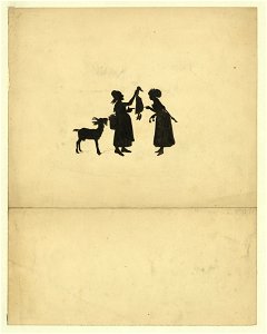 Silhouette of an old woman holding up a goose to a young woman LCCN2004662217