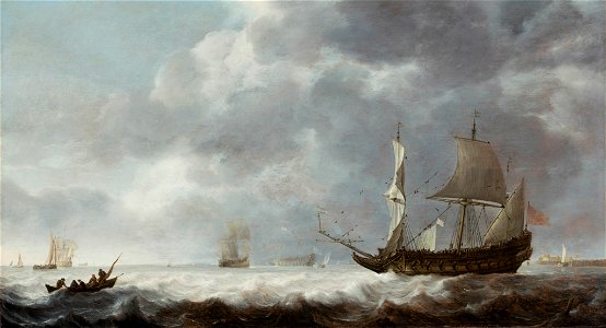 Simon de Vlieger (1601-1653) - Sea Piece, a Breeze near a Dutch Port - 54 - Fitzwilliam Museum. Free illustration for personal and commercial use.