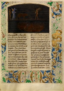 Simon Marmion (Flemish, active 1450 - 1489) - The Torment of Thieves- Tondal Leads a Cow Across a Nail-studded Bridge - Google Art Project