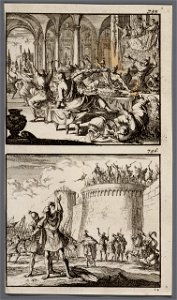 Simon aan een gastmaal op last van zijn schoonzoon Ptolomaeus vermoord, Johannes Hyrcanus bedekt zijn gelaat tijdens de belegering van Dagon, objectnr A 48095