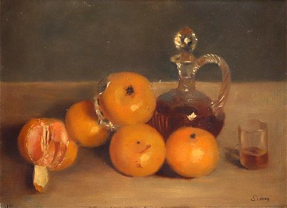 Simon Stillleben mit Weinkaraffe und Orangen
