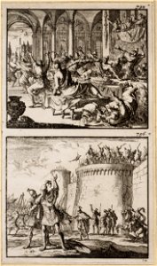 Simon aan een gastmaal op last van zijn schoonzoon Ptolomaeus vermoord, Johannes Hyrcanus bedekt zijn gelaat tijdens de belegering van Dagon, objectnr A 48165