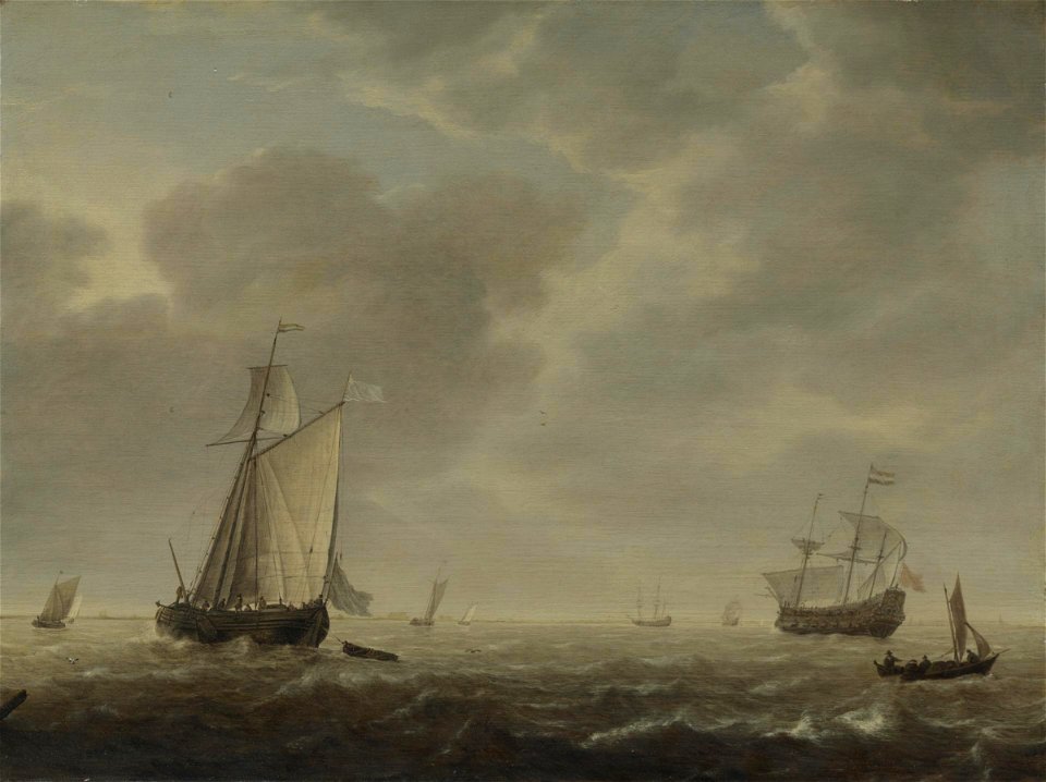 Simon de Vlieger (1601-1653) - A View of an Estuary, with Dutch Vessels at a Jetty and a Dutch Man-of-War at Anchor - NG4455 - National Gallery