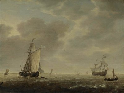 Simon de Vlieger (1601-1653) - A View of an Estuary, with Dutch Vessels at a Jetty and a Dutch Man-of-War at Anchor - NG4455 - National Gallery. Free illustration for personal and commercial use.