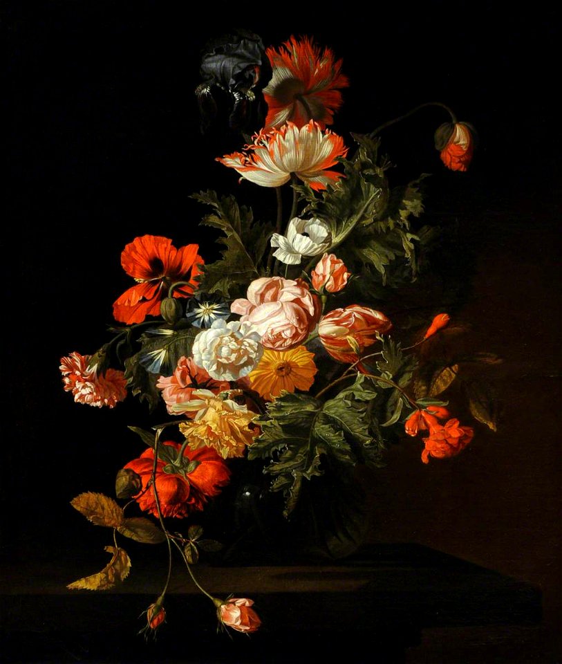 Simon Pietersz Verelst (1644-probably 1721) - Still Life of Roses and Other Flowers in a Glass Bowl on a Stone Ledge - 959482 - National Trust