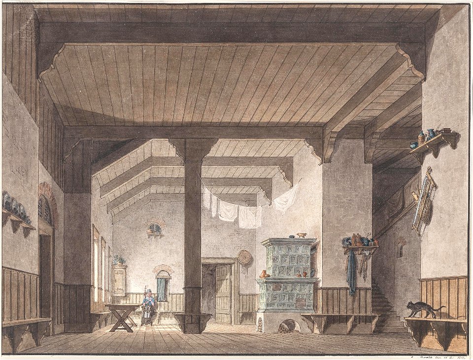 Simon Quaglio Interieur Hohe Halle mit Holzdecke und Kachelofen 1819