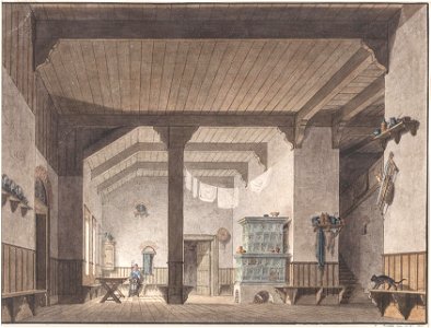 Simon Quaglio Interieur Hohe Halle mit Holzdecke und Kachelofen 1819
