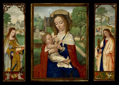 Simon Bening - Virgin and Child; Saints Catherine and Barbara - Google Art Project. Free illustration for personal and commercial use.