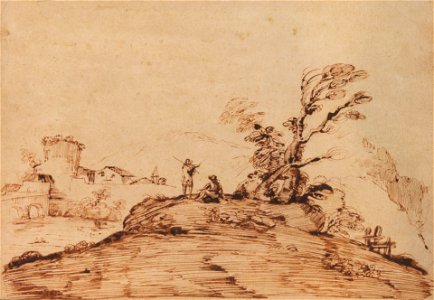 Simone Cantarini - Paisagem com árvore central sobre uma colina, duas figuras, ponte e aldeia ao fundo