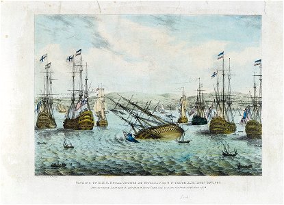 Sinking of H.M.S. Royal George at Spithead at 9 o'clock A.M. Augt 29th 1782 from an original Drawing in the possession of Henry Slight Esqr by whom this Print is Published 1839 RMG L9214