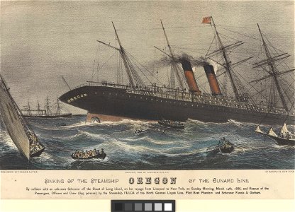 Sinking of the Steamship Oregon of the Cunard Line - off the coast of Long Island - March 14th 1886, and Rescue - by the steamship Fulda of the North German Lloyds Line, Pilot Boat Phantom and Schooner Fannie A Graham RMG PY0386