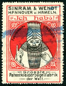 Sinram & Wendt, Hannover u. Hameln, Ich hab's, Fabrikmarke ges. gesch., Grösste Patentkleiderbügelfabrik der Welt, Reklamemarke, poster stamp, cinderella, um 1900