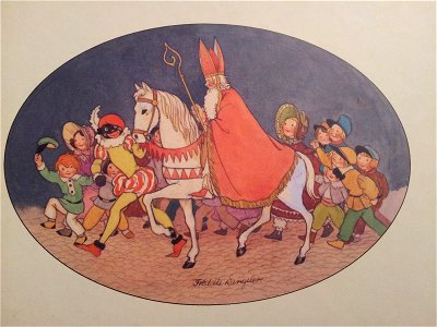 Sinterklaas met stereotype zwarte piet en kinderen - Freddie Langeler