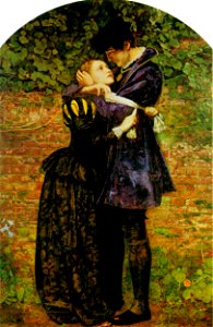 Sir John Everett Millais. A Huguenot, on St. Bartholomew's Day Refusing to Shield Himself from Danger by Wearing the Roman Catholic Badge.. Free illustration for personal and commercial use.