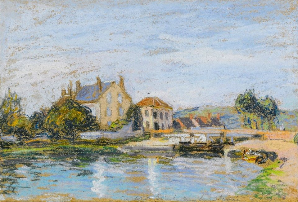 'Maisons Au Bord De L'écluse De La Gazonne' by Alfred Sisley, pastel 
