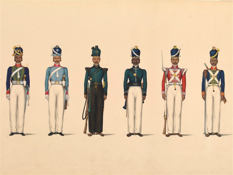 Six figures depicting military uniforms