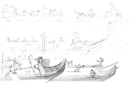 Six studies; two of boats, four of ships' bows including two with figureheads of a lion and a Classical warrior RMG PW5901