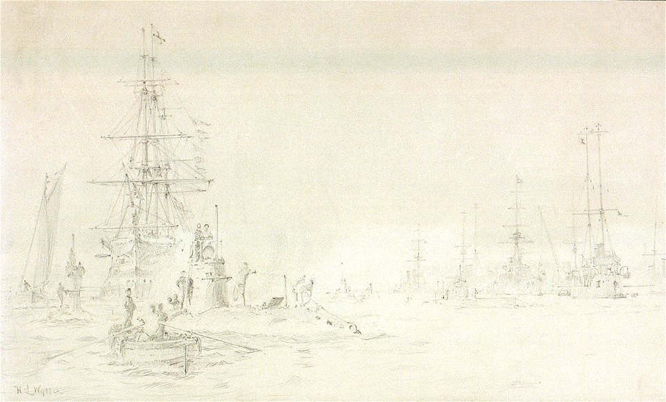 Sketch of shipping at Portsmouth including two submarines, a rowing boat, a gaff-rigged yacht, HMS 'Victory' and a line of warships RMG PV0985