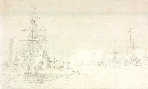 Sketch of shipping at Portsmouth including two submarines, a rowing boat, a gaff-rigged yacht, HMS 'Victory' and a line of warships RMG PV0985