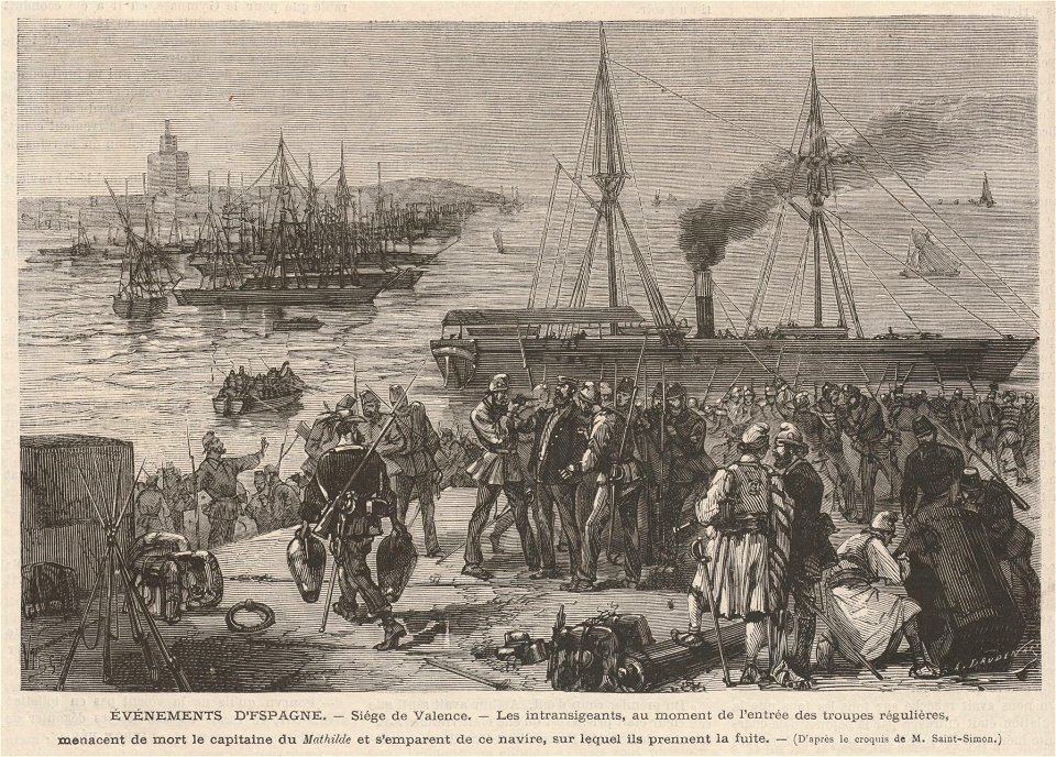 Siége de Valence, les intransigeants, au moment de l'entrée des troupes régulières, menacent de mort le capitaine du Mathilde et s'emparent de ce navire, sur lequel ils prennent la fuite, de Vierge