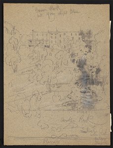 Sketch of houses on embankment near river cascade with notations about color LCCN2016645931