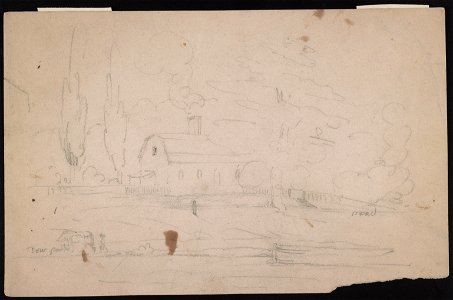 Sketch of a house with a gambrel roof, near a canal, road, and towpath LCCN2016645557