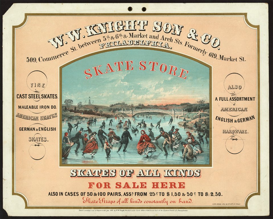 Skate store - skates of all kinds for sale here W.W. Knight Son & Co. 509 Commerce St. between 5th & 6th & Market and Arch Sts. formerly 619 Market St. Philadelphia - - Chas. Reen Lith. LCCN2010651260