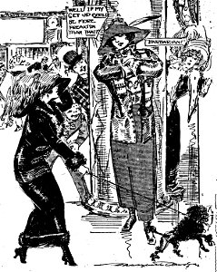 Sketch by Marguerite Martyn of Beatrice Farnham and woman with dog, 1911