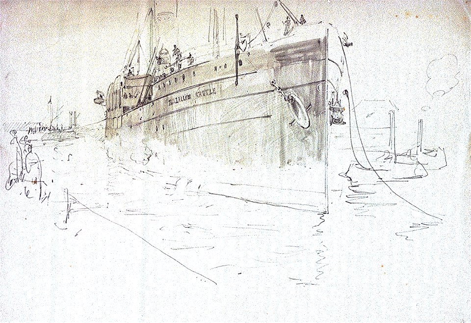 Sketch of Tantallon Castle, Union Castle Liner, towed by tugs (unfinished) RMG PV2146