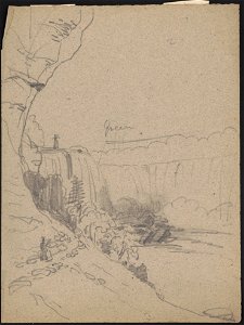 Sketch of Niagara Falls, with a man and a woman walking on a footpath on lower left, including Terrapin Tower at left center, and notation to make waterfall green LCCN2016648739