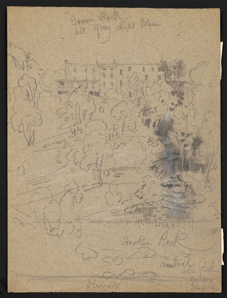 Sketch of houses on embankment near river cascade with notations about color LCCN2016645931