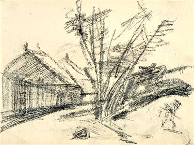 Sketchbook 21, Road with Houses and Line of Trees by Theo van Doesburg Centraal Museum AB4125-H. Free illustration for personal and commercial use.
