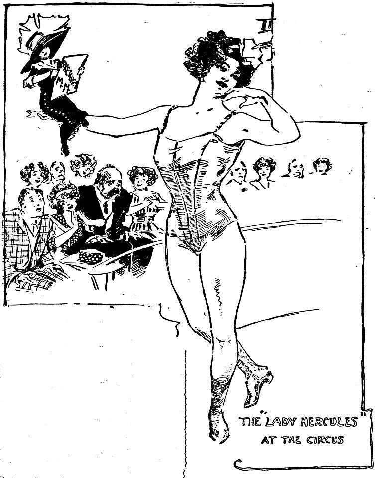 Sketch by Marguerite Martyn of strongwoman Katherine Sandwina, 1911, with Martyn in the drawing