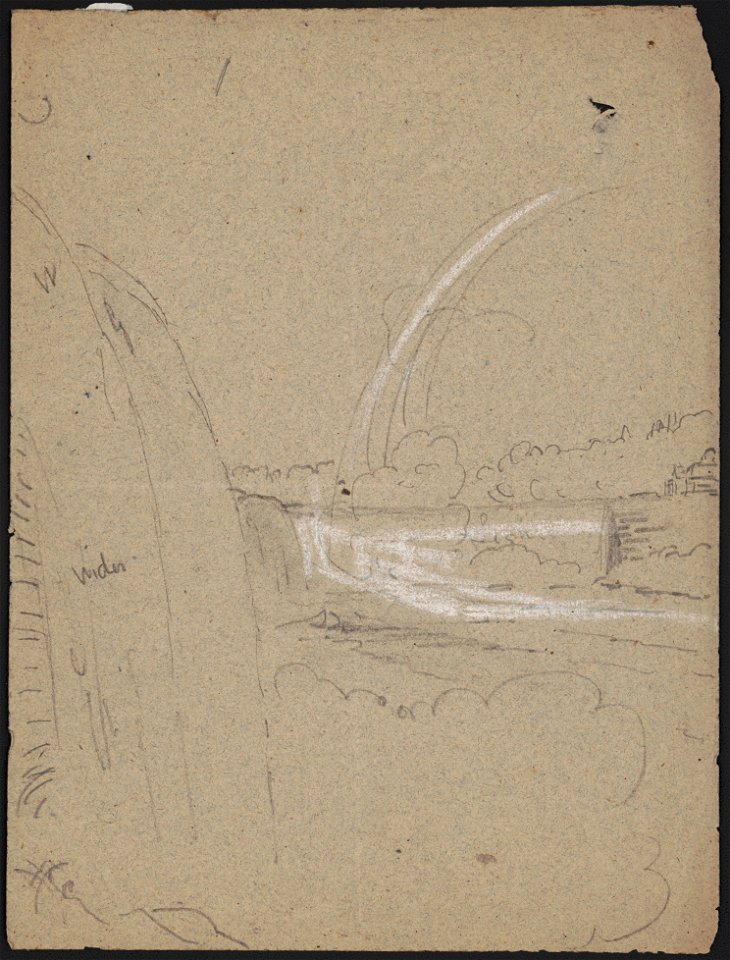 Sketch of Niagara Falls from the American side, with notations wider and light (partially obscured by chalk highlights) LCCN2016648737