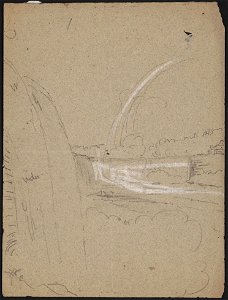 Sketch of Niagara Falls from the American side, with notations wider and light (partially obscured by chalk highlights) LCCN2016648737