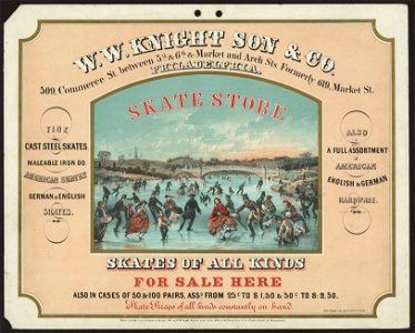 Skate store - skates of all kinds for sale here W.W. Knight Son & Co. 509 Commerce St. between 5th & 6th & Market and Arch Sts. formerly 619 Market St. Philadelphia - - Chas. Reen Lith. LCCN2010651260. Free illustration for personal and commercial use.