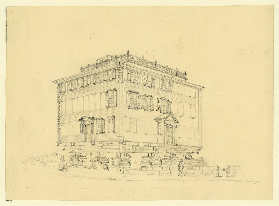 Sketch of a house in the streets at Boston Mass- being raised from its foundations for the purpsoe of permanent elevation LCCN2004662169