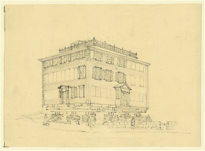 Sketch of a house in the streets at Boston Mass- being raised from its foundations for the purpsoe of permanent elevation LCCN2004662169
