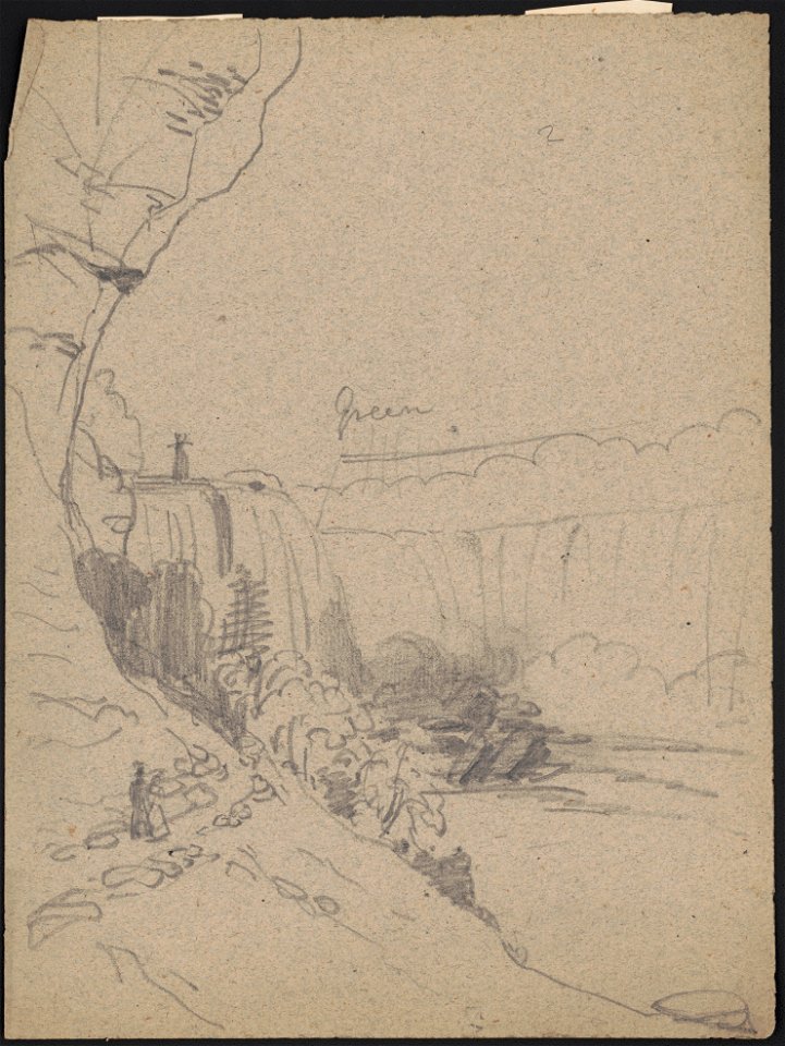 Sketch of Niagara Falls, with a man and a woman walking on a footpath on lower left, including Terrapin Tower at left center, and notation to make waterfall green LCCN2016648739