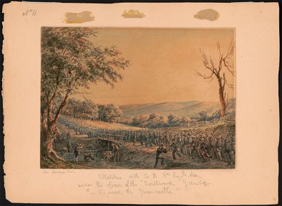 Sketches with Co. B, 8th Reg. Pa. Ma. under the officers of the old Southwark Gaurd (sic) on the road to Greencastle - Jas. Queen del. LCCN2016648746