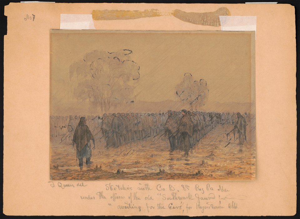 Sketches with Co. B, 8th Reg. Pa. Ma. under the officers of the old Southwark Gaurd. (sic) waiting for the cars, for Hagerstown, Md. - J. Queen del. LCCN2016648743